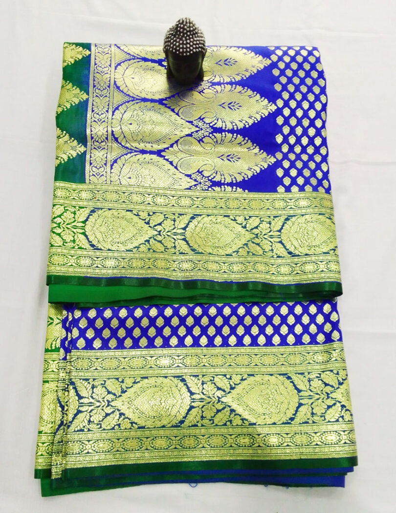 2B Cobalt Blue wb Emerald Green with Golden Zari Banarasi Silk Saree - Image 5