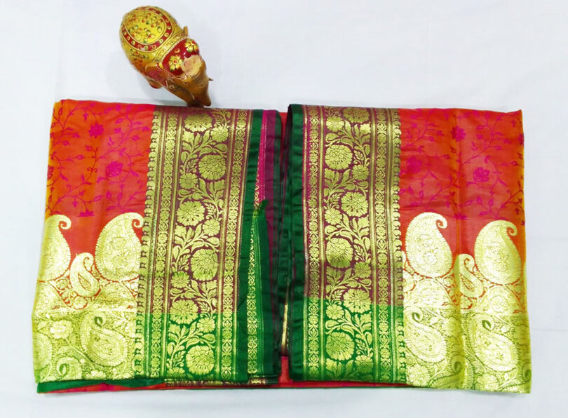 2B Mustard Orange wb Emerald Green with Golden Zari Banarasi Silk Saree - Image 2
