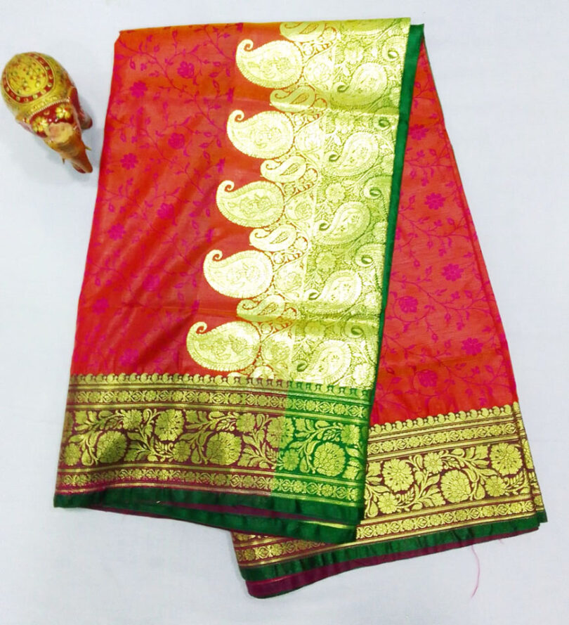 2B Mustard Orange wb Emerald Green with Golden Zari Banarasi Silk Saree - Image 3