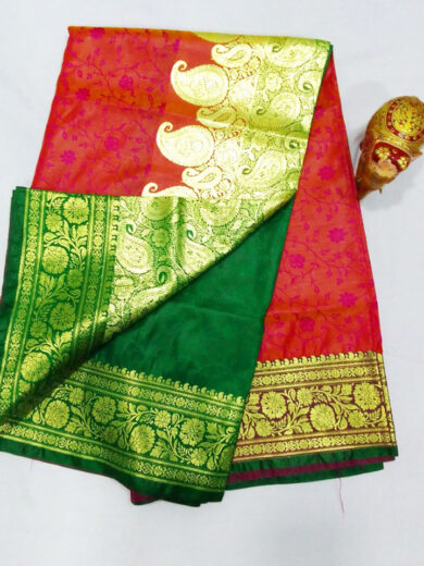2B Mustard Orange wb Emerald Green with Golden Zari Banarasi Silk Saree