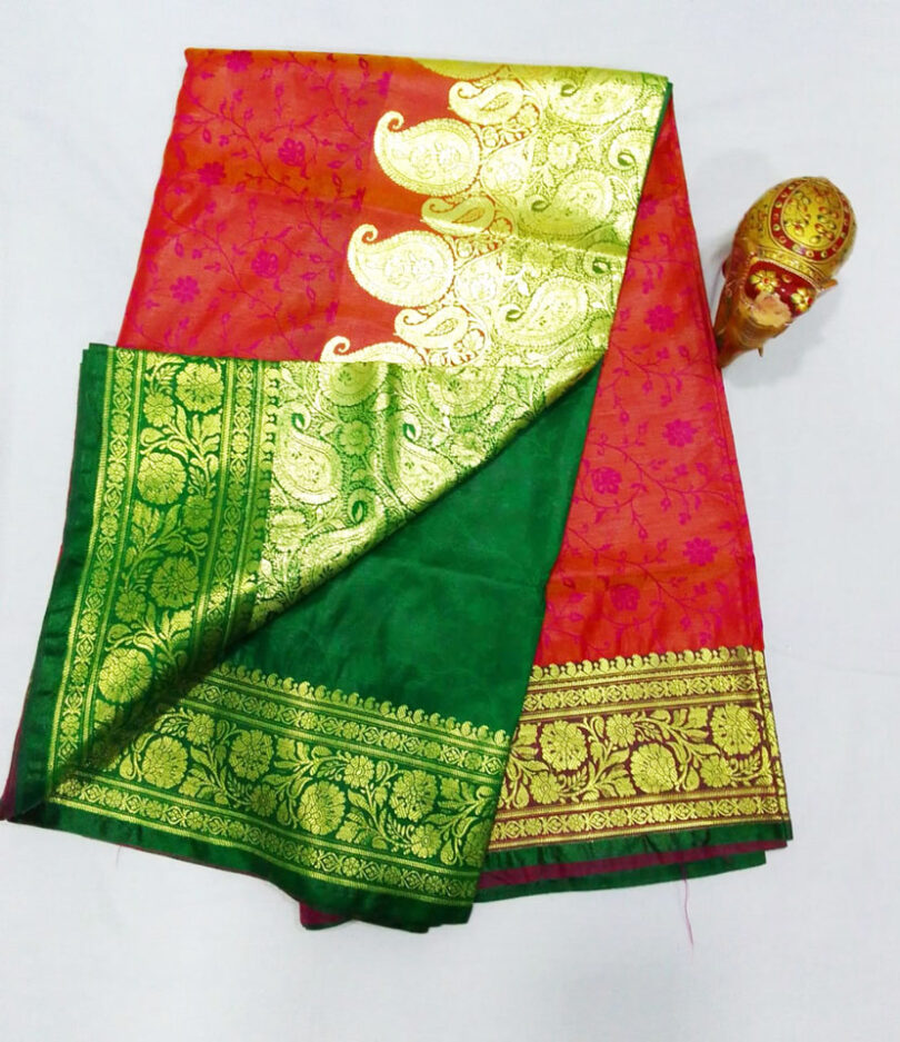2B Mustard Orange wb Emerald Green with Golden Zari Banarasi Silk Saree
