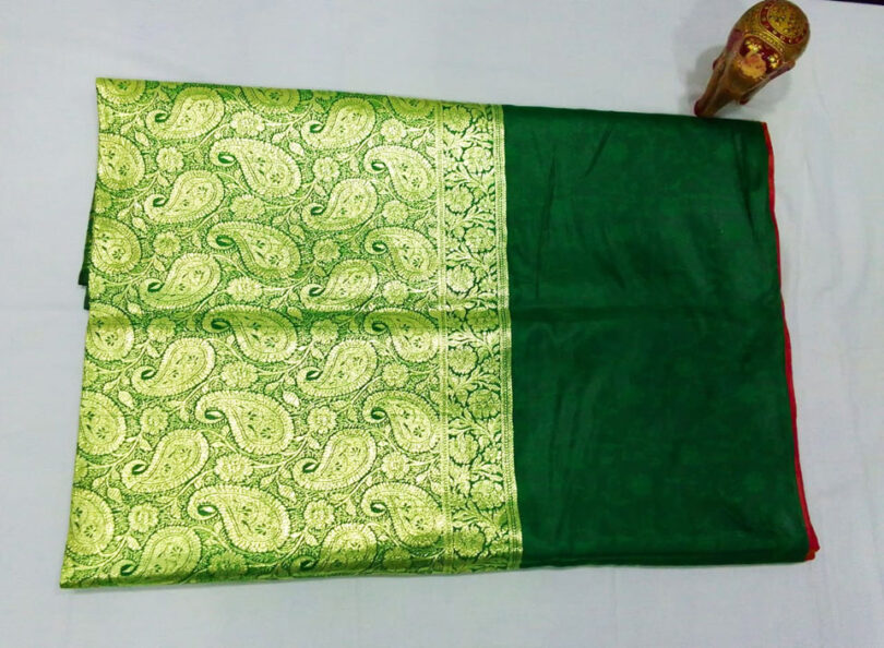 2B Mustard Orange wb Emerald Green with Golden Zari Banarasi Silk Saree - Image 4