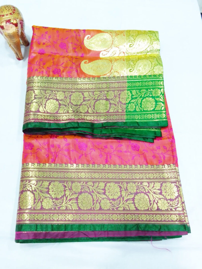 2B Mustard Orange wb Emerald Green with Golden Zari Banarasi Silk Saree - Image 5