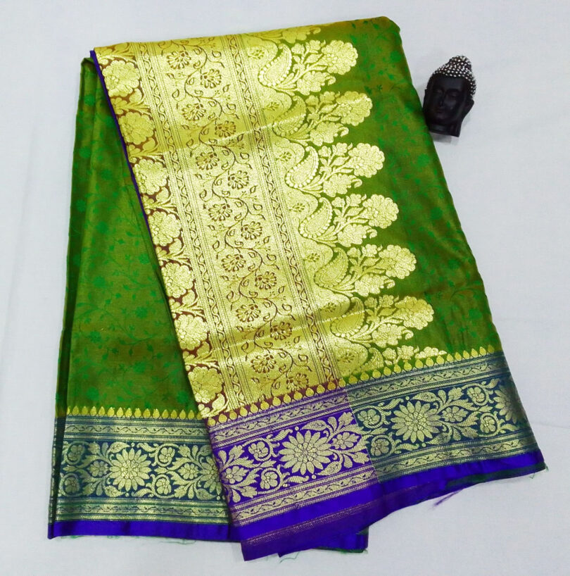 2B Mustard Green wb Cobalt Blue with Golden Zari Banarasi Silk Saree - Image 2