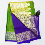 2B Mustard Green wb Cobalt Blue with Golden Zari Banarasi Silk Saree