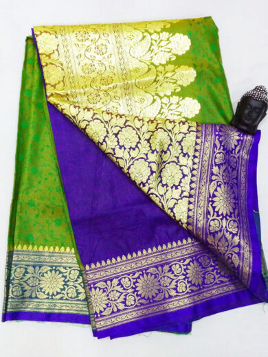 2B Mustard Green wb Cobalt Blue with Golden Zari Banarasi Silk Saree