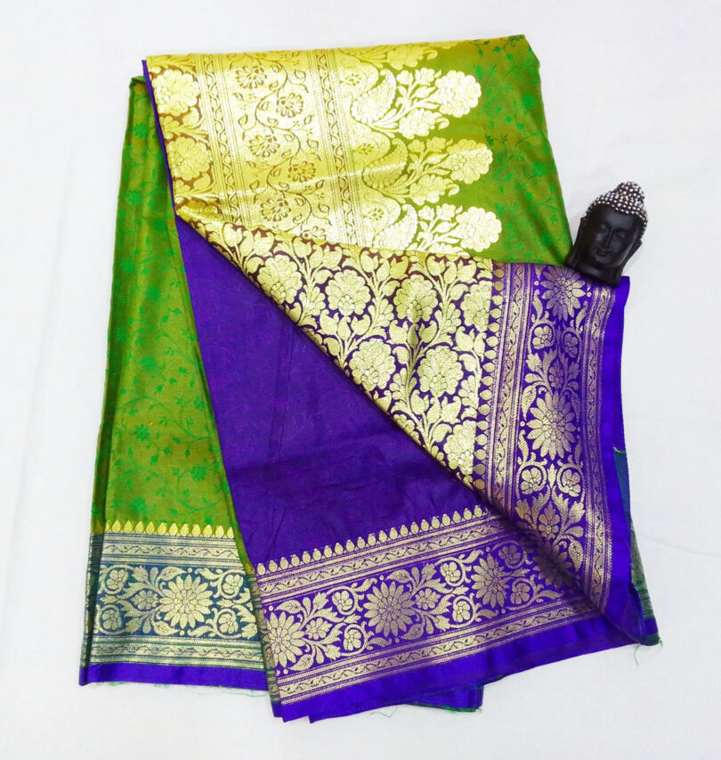 2B Mustard Green wb Cobalt Blue with Golden Zari Banarasi Silk Saree
