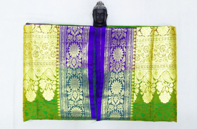 2B Mustard Green wb Cobalt Blue with Golden Zari Banarasi Silk Saree - Image 3