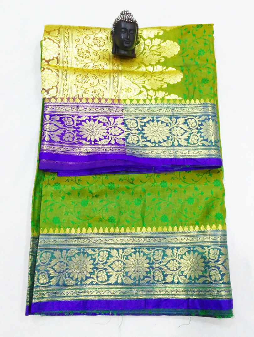 2B Mustard Green wb Cobalt Blue with Golden Zari Banarasi Silk Saree - Image 4
