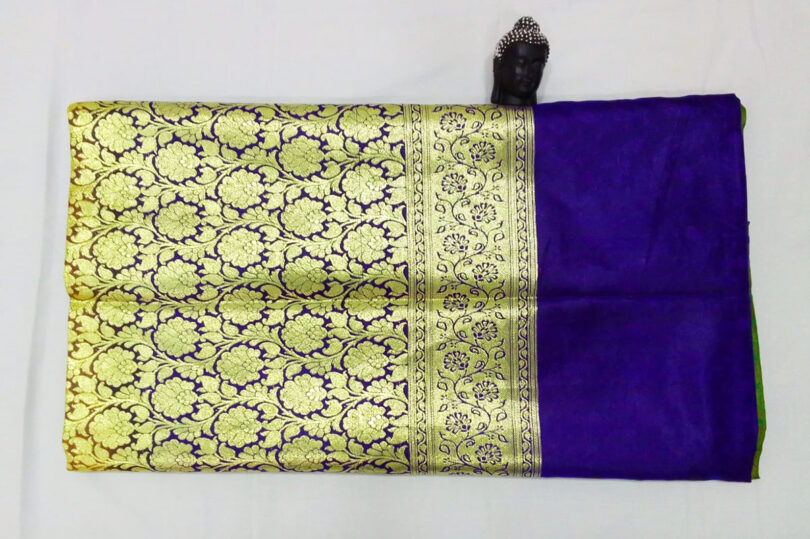 2B Mustard Green wb Cobalt Blue with Golden Zari Banarasi Silk Saree - Image 5