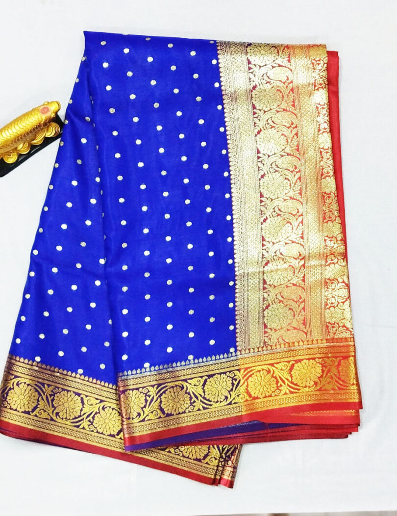2B Royal Blue wb Crimson Red with Golden Zari Banarasi Silk Saree - Image 4