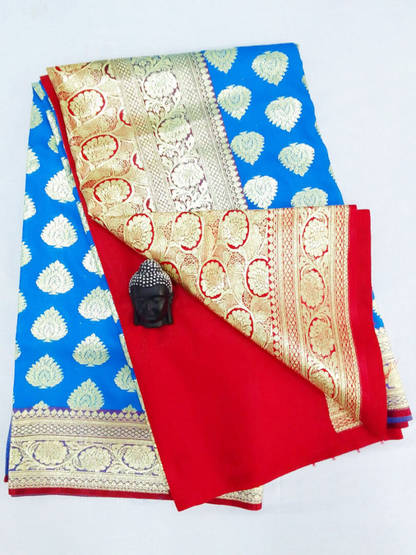 2B Azure Blue wb Ruby Red with Golden  Zari Banarasi Silk Saree