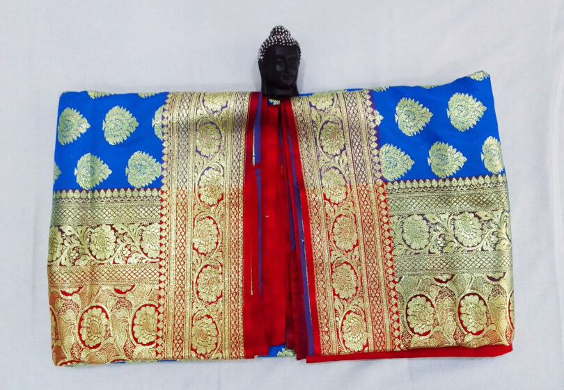 2B Azure Blue wb Ruby Red with Golden  Zari Banarasi Silk Saree - Image 3