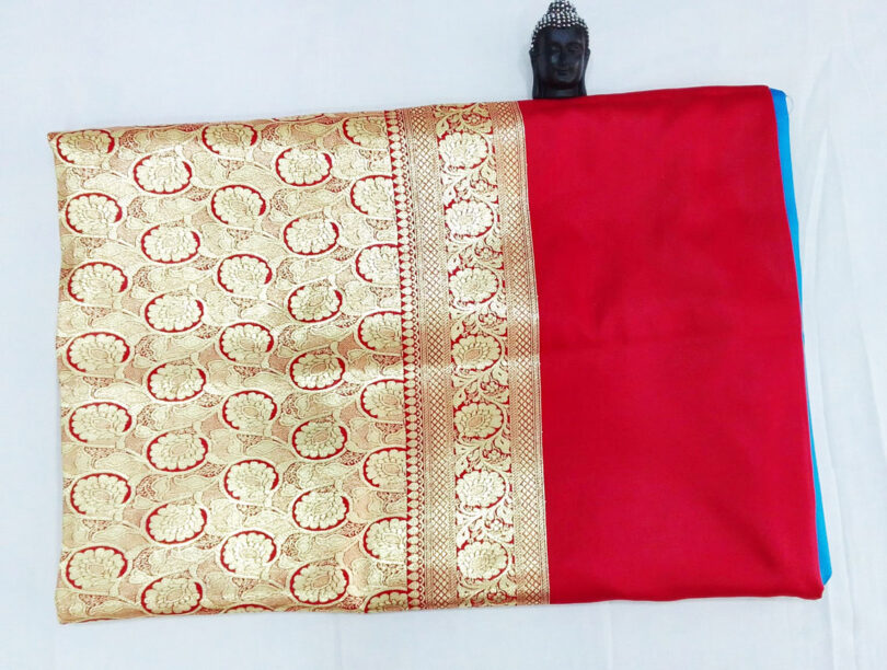 2B Azure Blue wb Ruby Red with Golden  Zari Banarasi Silk Saree - Image 4