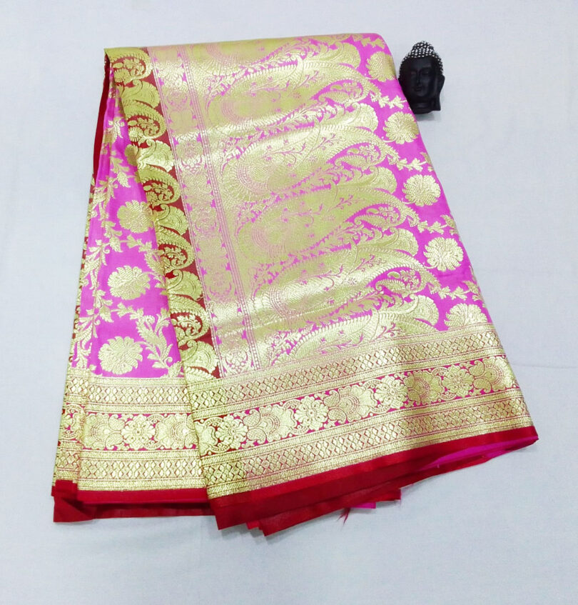 2B Flamingo Pink wb Scarlet Red with Golden Zari Banarasi Silk Saree - Image 2