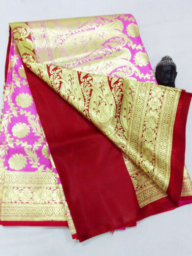 2B Flamingo Pink wb Scarlet Red with Golden Zari Banarasi Silk Saree