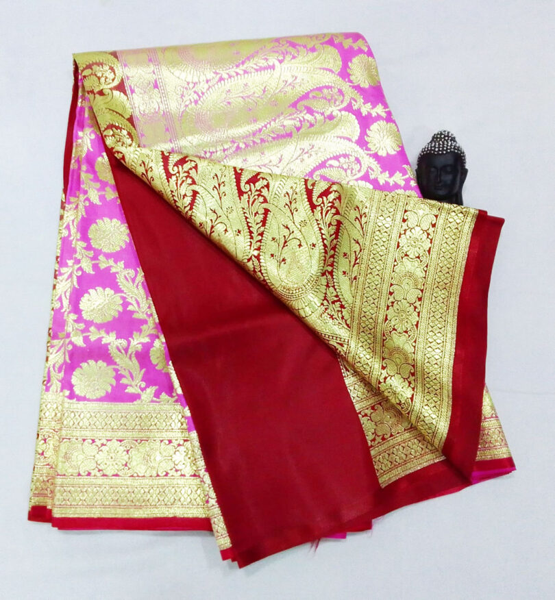 2B Flamingo Pink wb Scarlet Red with Golden Zari Banarasi Silk Saree