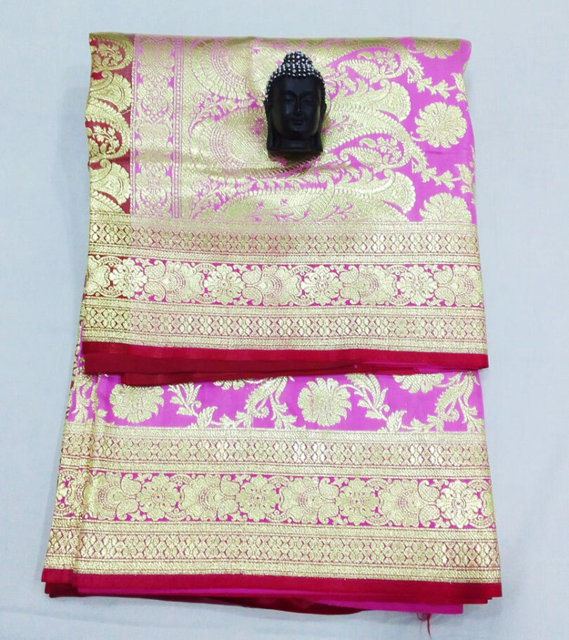 2B Flamingo Pink wb Scarlet Red with Golden Zari Banarasi Silk Saree - Image 4