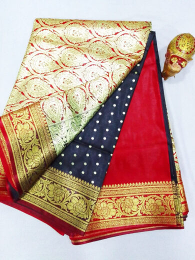 2B Coal Black wb Crimson Red with Golden Zari Banarasi Silk Saree