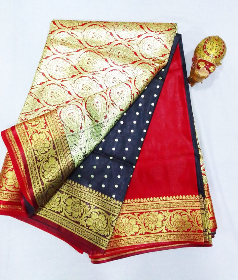 2B Coal Black wb Crimson Red with Golden Zari Banarasi Silk Saree