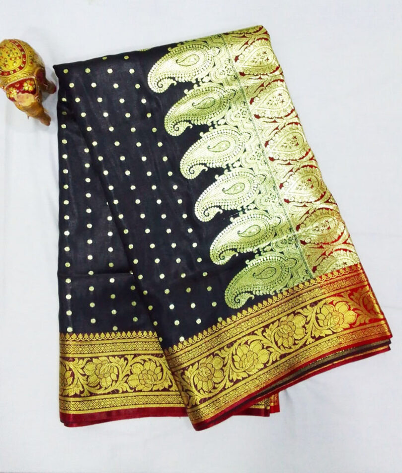 2B Coal Black wb Crimson Red with Golden Zari Banarasi Silk Saree - Image 3