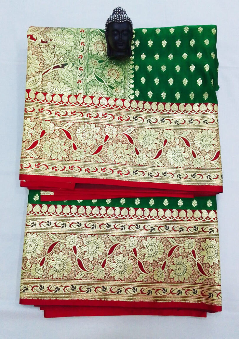 2B Fern Green wb Royal Red with Golden Zari Banarasi Silk Saree - Image 4