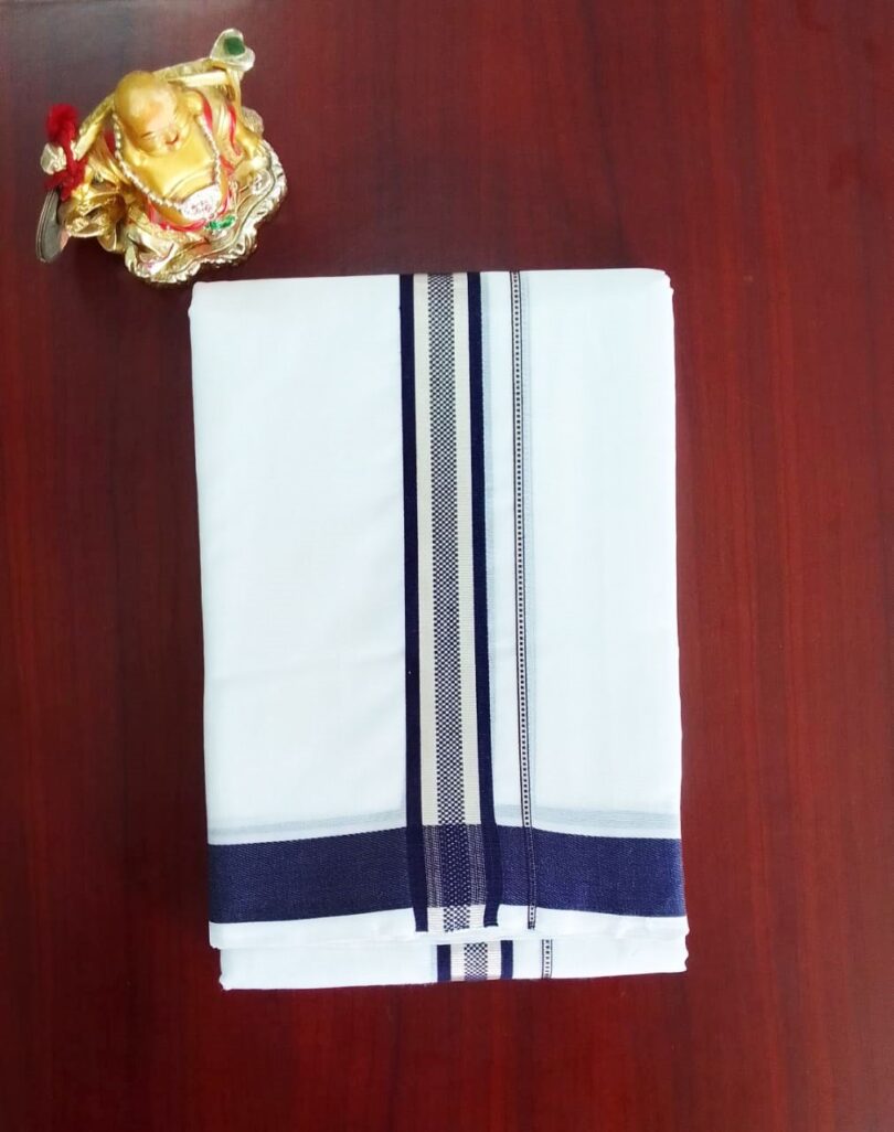 2B Navy Blue with Silver Border Handloom Dhoti