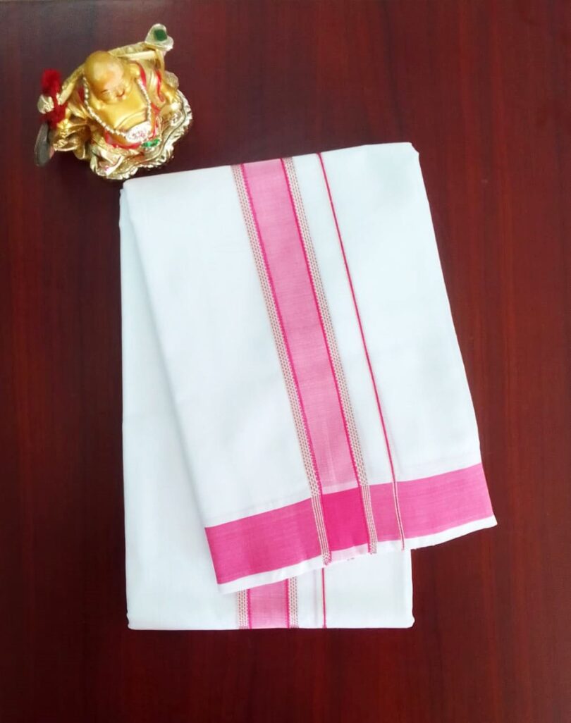 2B Barbie Pink with Silver Border Handloom Dhoti - Image 2