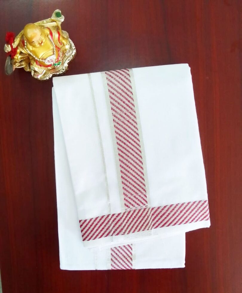 2B Rosewood Pink with Silver Lined Border Handloom Dhoti - Image 2