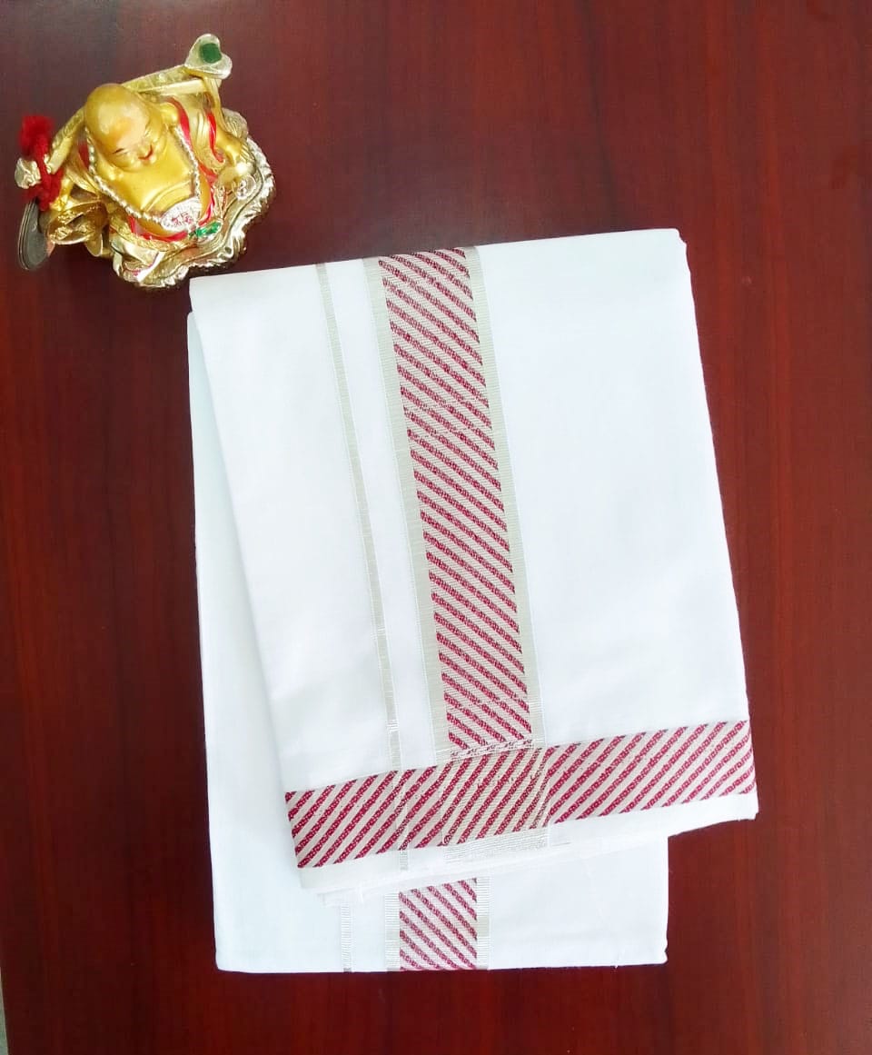 2B Rosewood Pink with Silver Lined Border Handloom Dhoti - Image 2