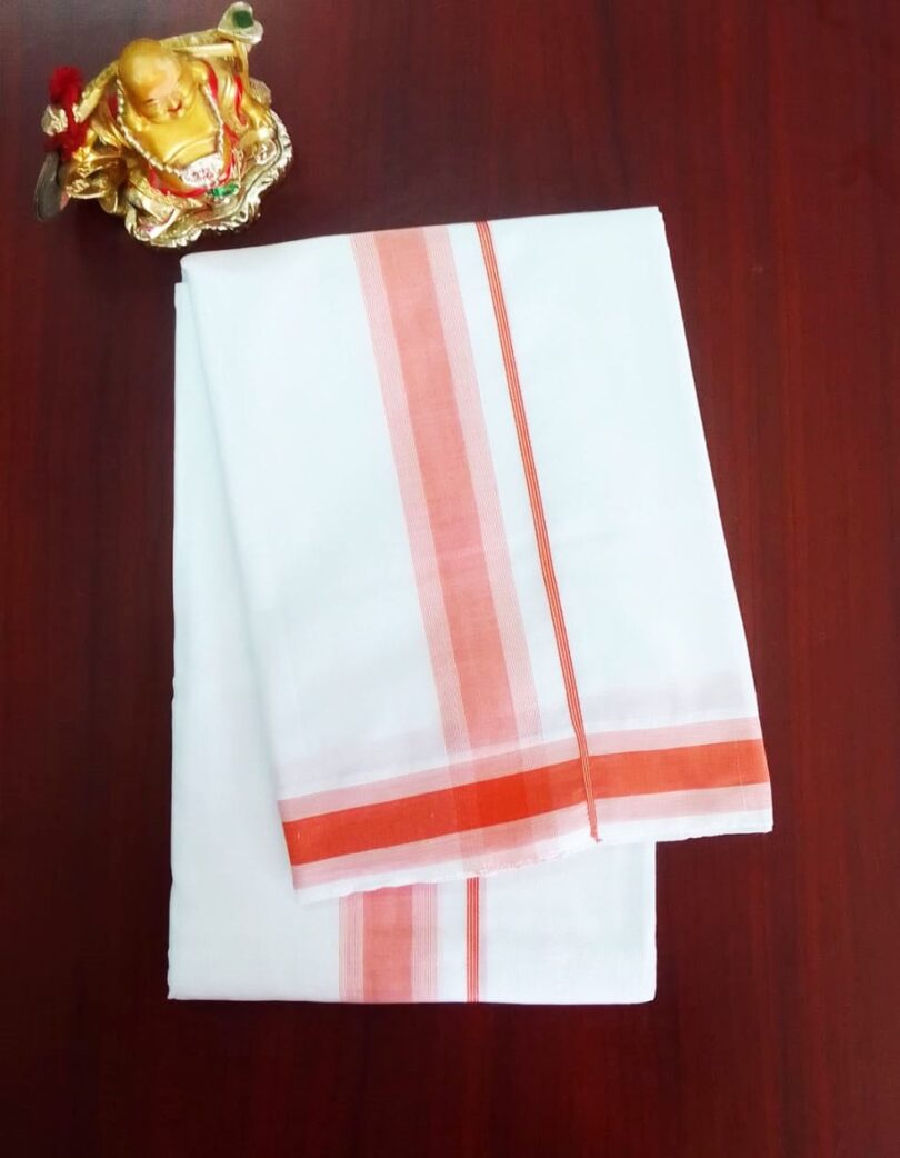 2B Ruby Red Border Handloom Dhoti - Image 2