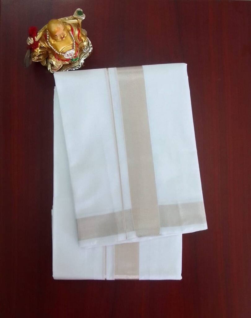 2B Silver Gray Lined Border Handloom Dhoti - Image 2
