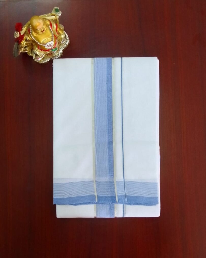 2B Agenta Blue with Silver Lined Border Handloom Dhoti