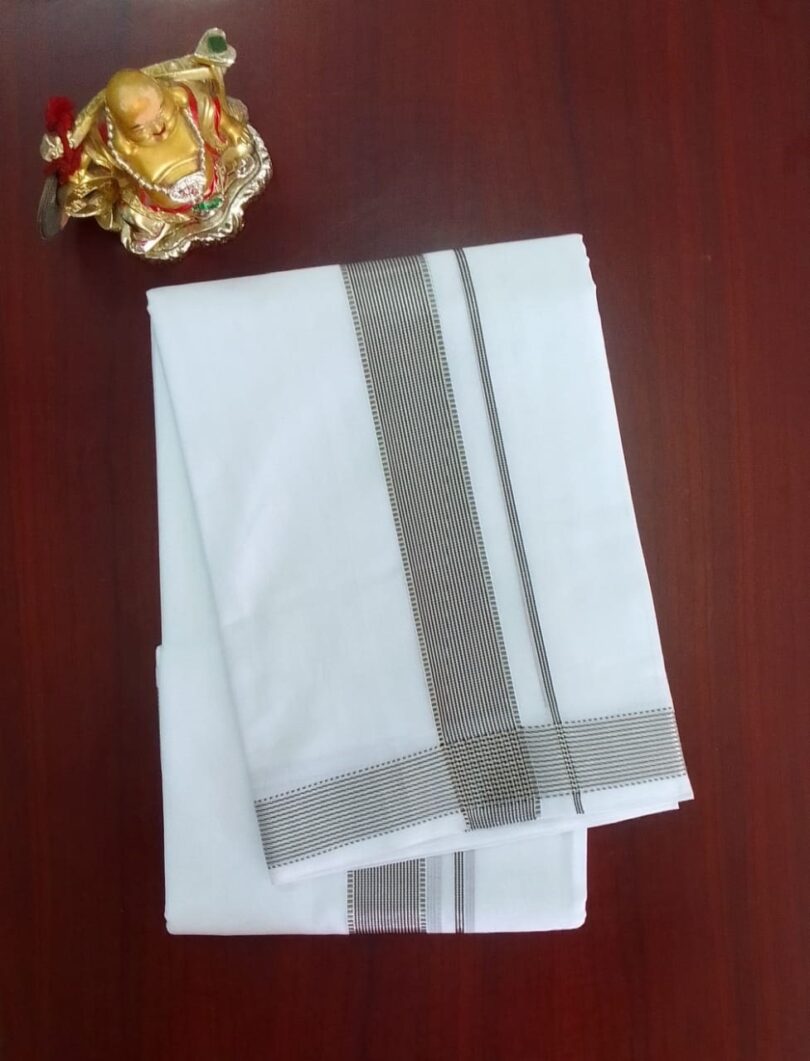 2B Coal Black Lined Border Handloom Dhoti - Image 2