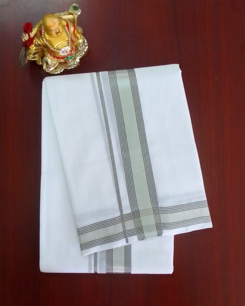 2B Coal Black with Silver Lined Border Handloom Dhoti - Image 2