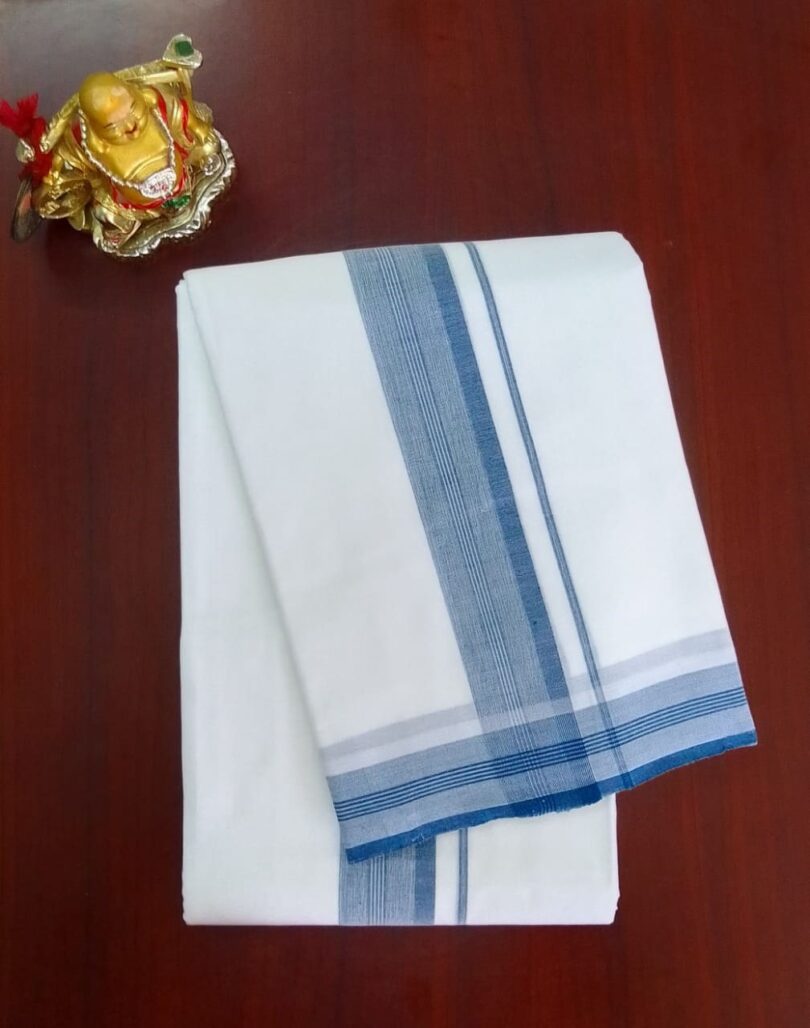 2B Navy Blue Lined Border Handloom Dhoti - Image 2