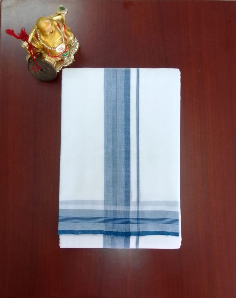 2B Navy Blue Lined Border Handloom Dhoti