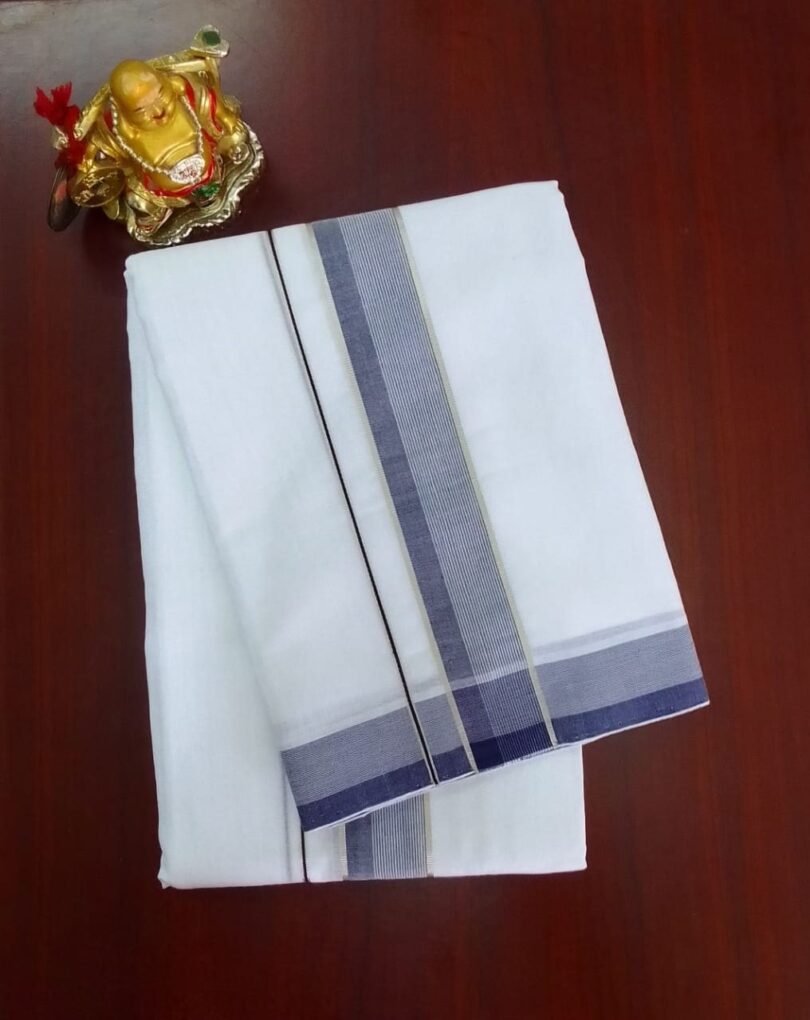 2B Navy Blue with Silver Lined Border Handloom Dhothi - Image 2