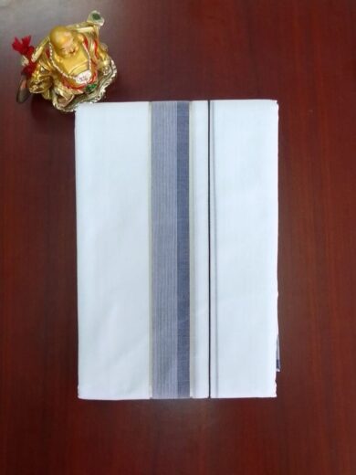 2B Navy Blue with Silver Lined Border Handloom Dhothi