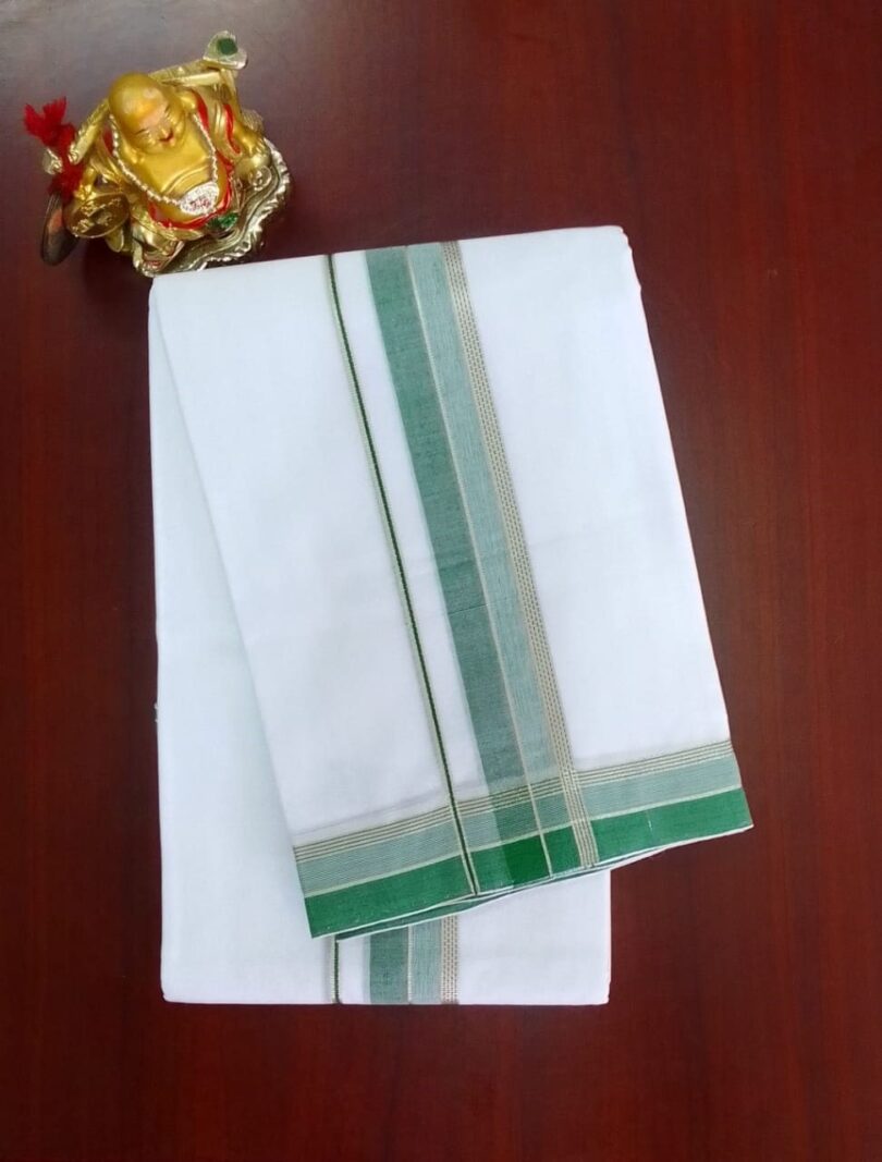 2B Forest Green with Silver  Lined Border Handloom Dhoti - Image 2