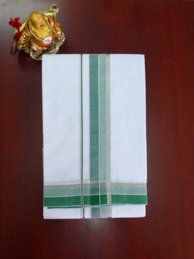 2B Forest Green with Silver  Lined Border Handloom Dhoti