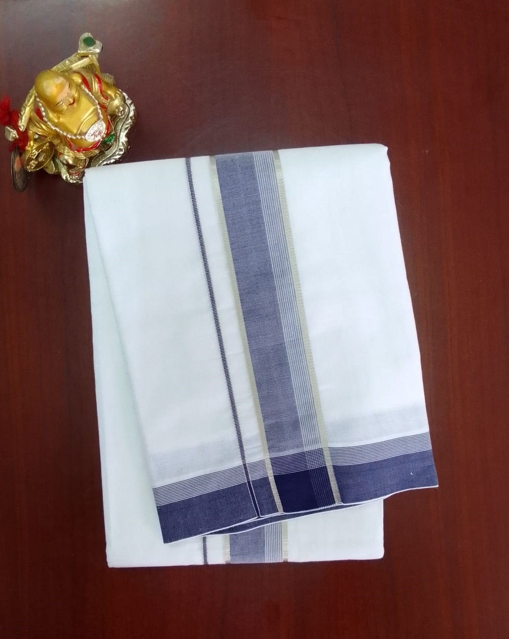 2B Navy Blue with Silver Lined Border Handloom Dhoti - Image 2