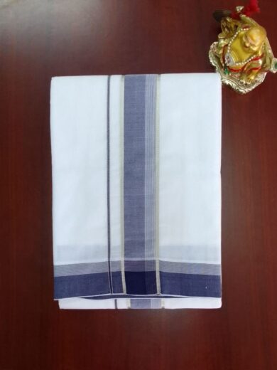 2B Navy Blue with Silver Lined Border Handloom Dhoti
