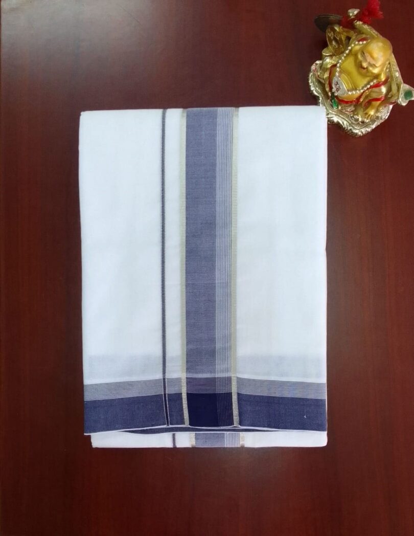 2B Navy Blue with Silver Lined Border Handloom Dhoti