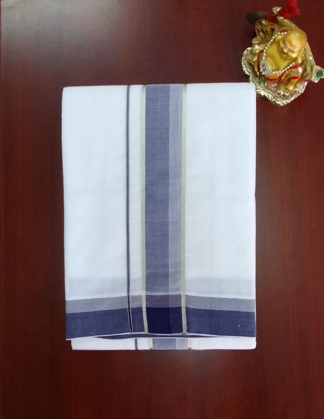 2B Navy Blue with Silver Lined Border Handloom Dhoti