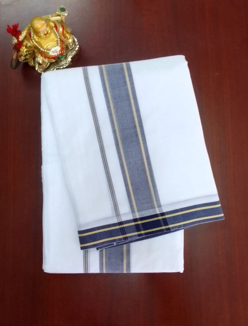 2B Navy Blue with Canary Yellow Lined Border Handloom Dhoti - Image 2