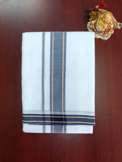 2B Navy Blue with Canary Yellow Lined Border Handloom Dhoti