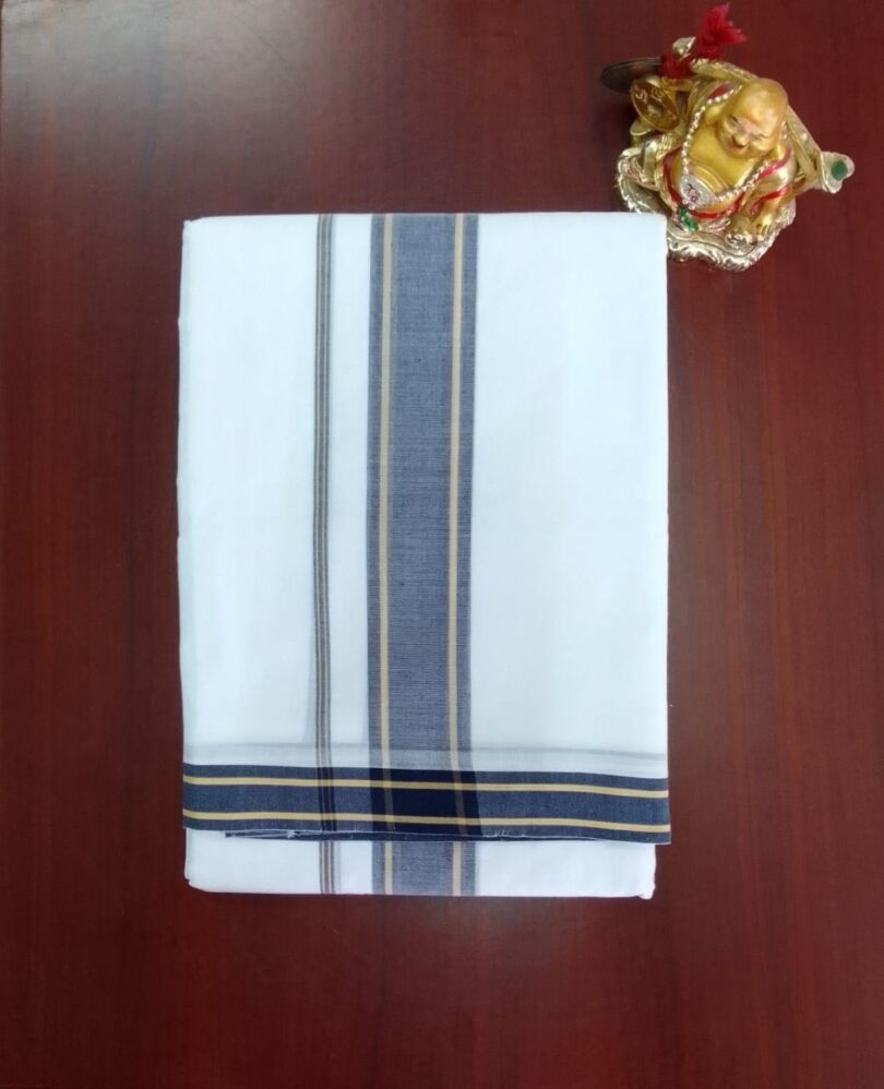 2B Navy Blue with Canary Yellow Lined Border Handloom Dhoti