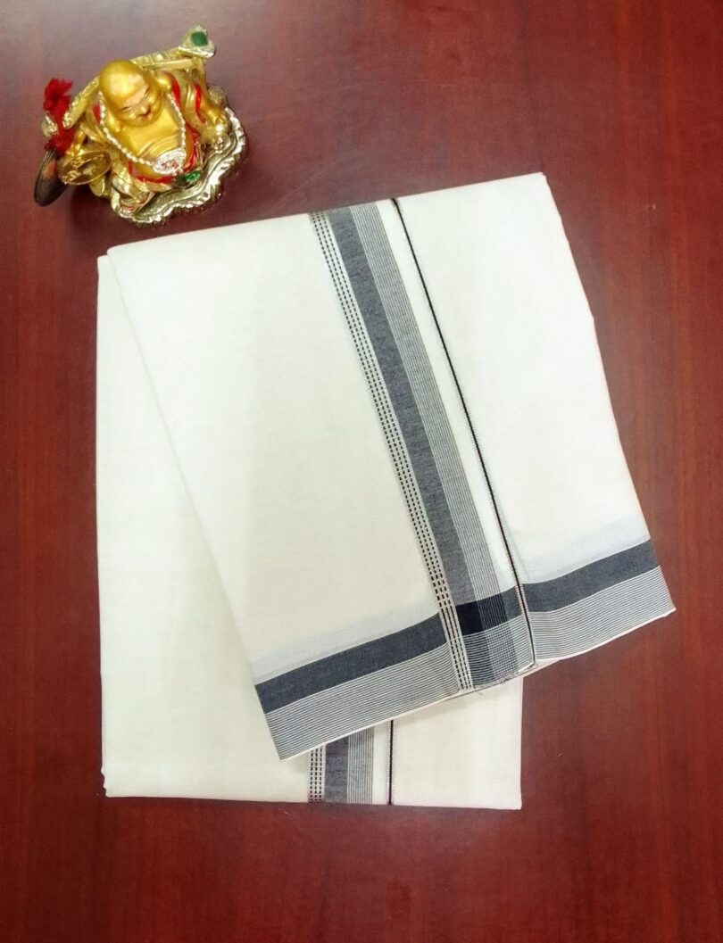 2B Dark Balck with Silver Lined Border  Handloom Dhoti - Image 2