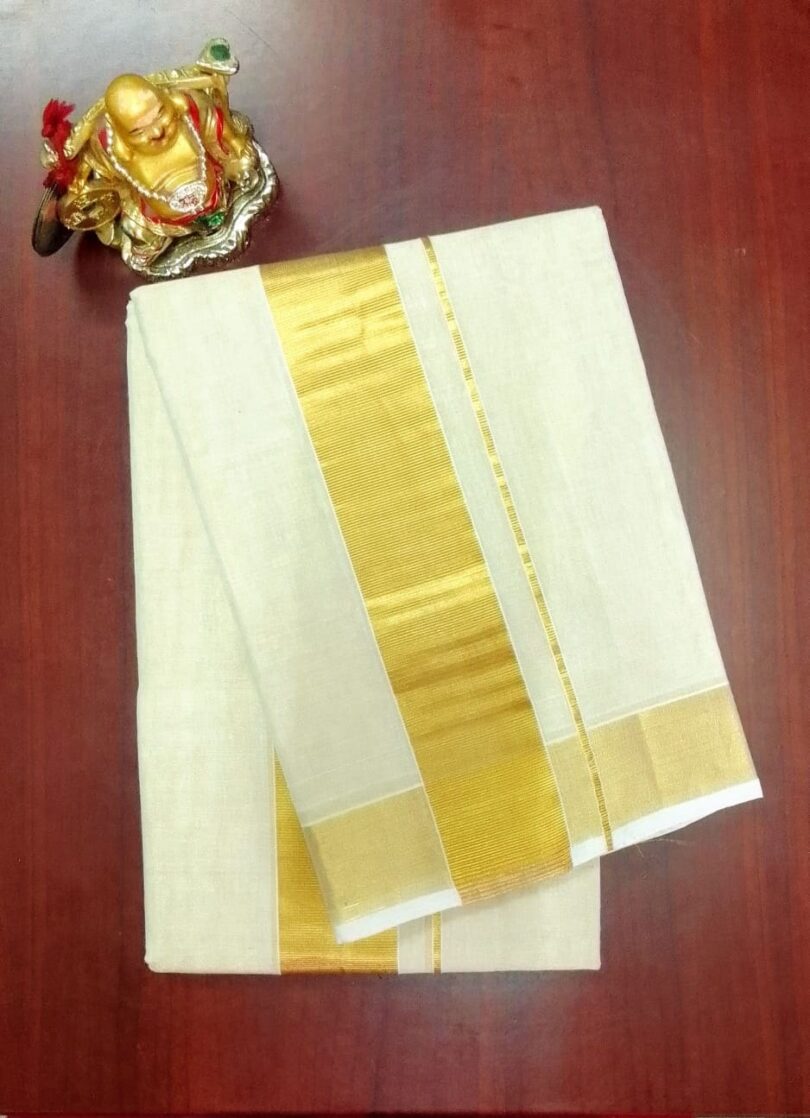 2B Golden (2 inch Tissue) Border Handloom Dhoti - Image 2